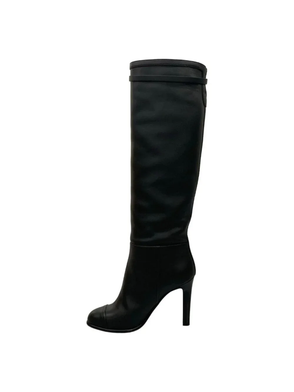 Chanel Long Boots 37.5 C Black CC Logo Leather